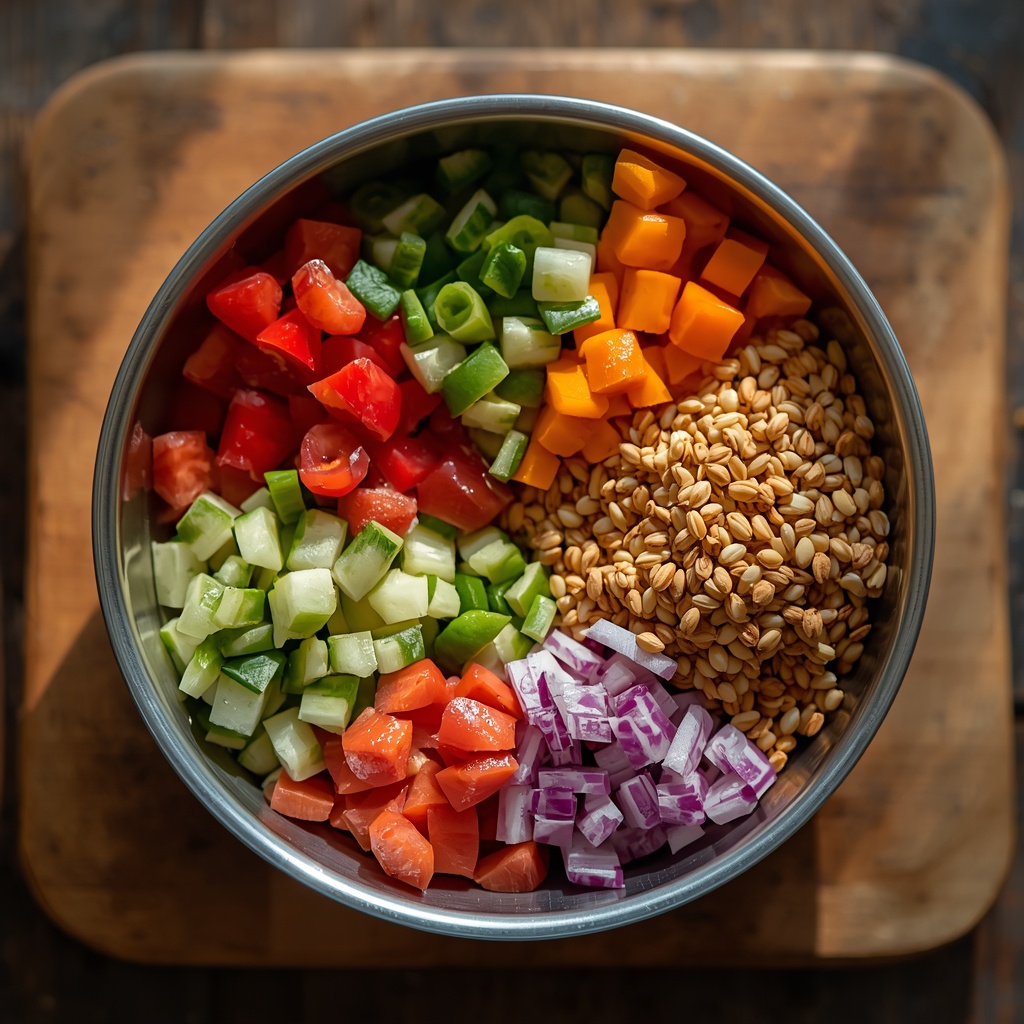 A beautifully arranged bowl of fresh colorful vegetables and grains on a wooden cutting board with natural lighting